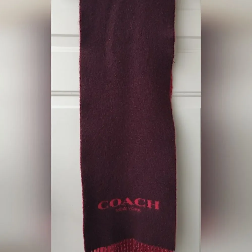 Authentic COACH 95% Wool 5% Cashmere Red & Charcoal Reversible Oblong Scarf